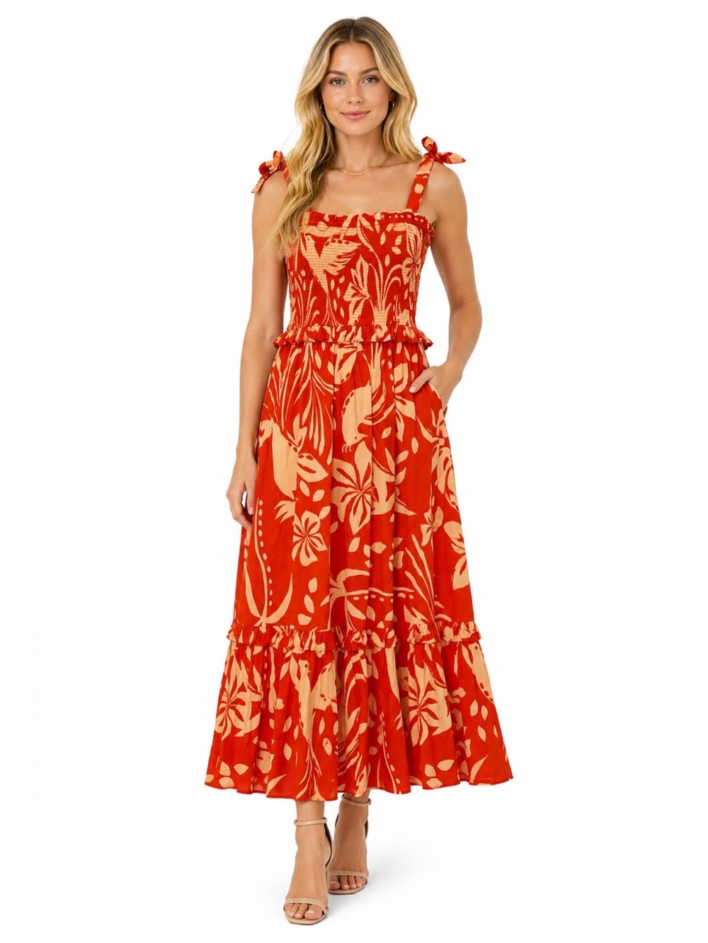 💚2 for 60- Patrons of Peace Orange Tropical Smocked Tie Strap Midi Dress M